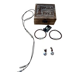 1 Para Mi Jewelry Set Necklace 2 Bracelets Earrings Silver Plating Braided Leath